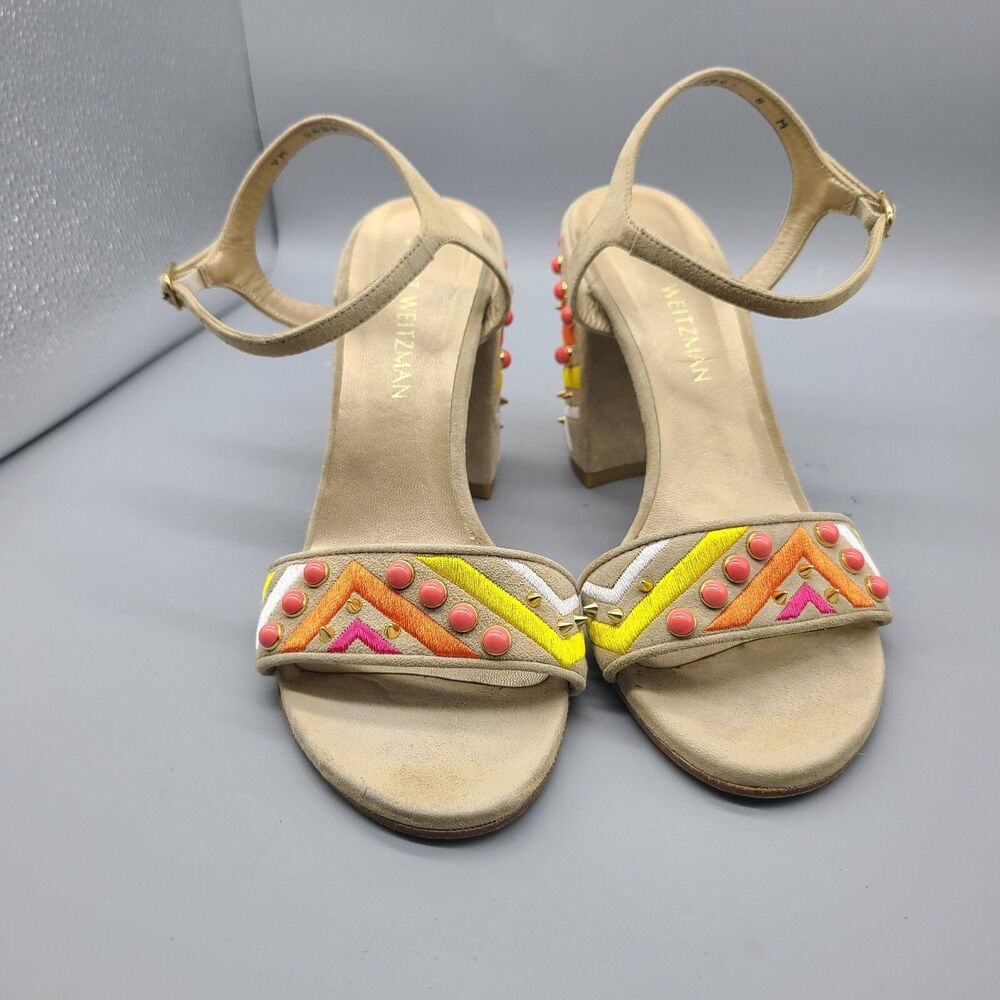 Stuart Weitzman Both Sandal chunky Heel Ankle Straps beige embellished Sz 8 - Picture 3 of 9